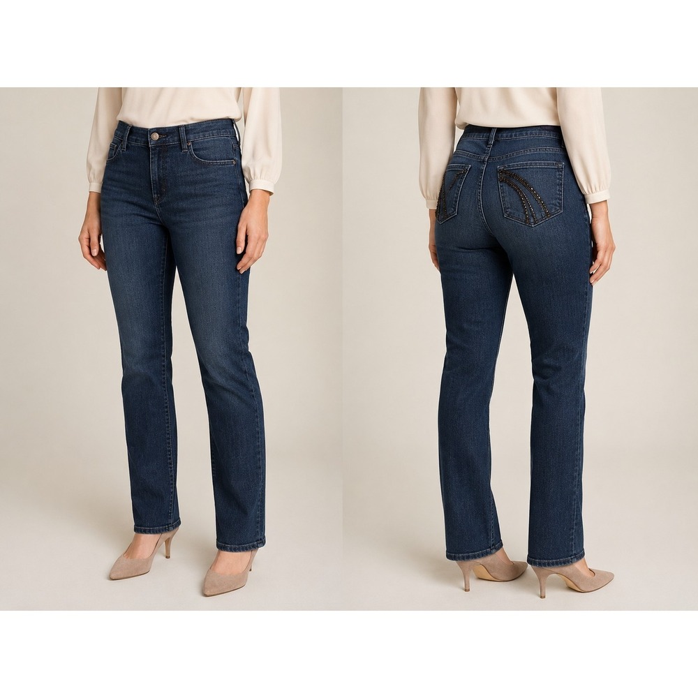 NYDJ Marilyn Straight Leg Jeans Womens Size 12 Dark Wash Rhinestone Pocket Denim